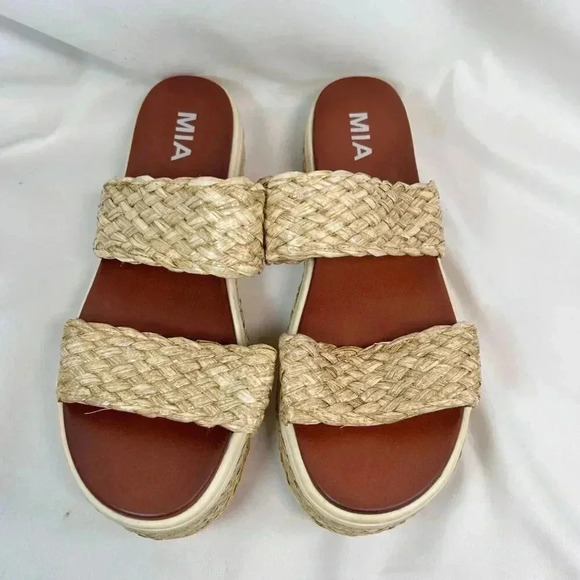 MIA Cami Size 9.5 Sandal Raffia Natural Neutral Platform Double Band - Picture 1 of 9